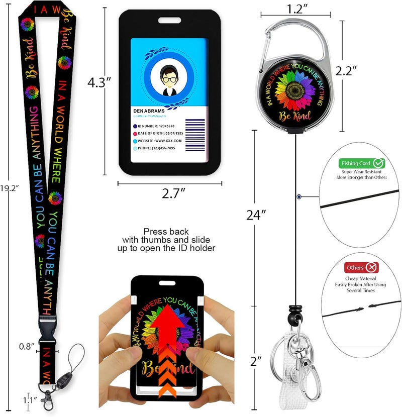 GIANCOMICS Be Kind Lanyards for Id Badges, ID Badge Holder with Lanyard Badge Reel Retractable, Flower Teacher Lanyard with ID Holder Keychain Clip Name Tag ID Card Holder for Women Work Office Gift - Image 4